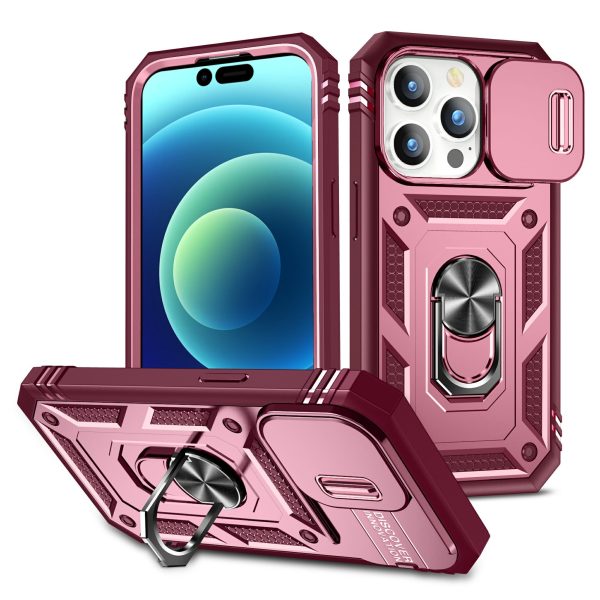 For iPhone 15 Pro Sliding Camera Window Phone Case PC+TPU Kickstand Cover with Card Slot Online