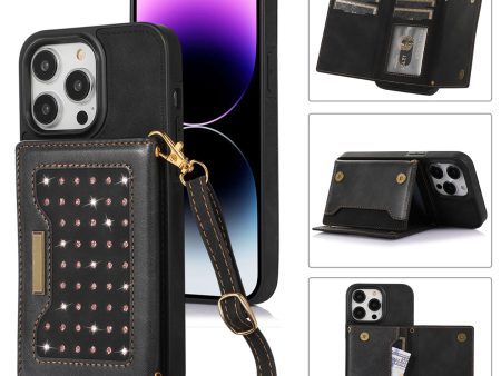 For iPhone 15 Pro Max PU Leather + TPU Kickstand Cover Rhinestone Decor Wallet RFID Blocking Phone Case with Shoulder Strap Cheap