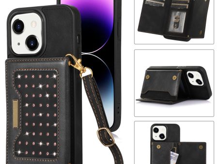 For iPhone 15 RFID Blocking PU Leather + TPU Phone Case Rhinestone Decor Wallet Kickstand Cover with Shoulder Strap Cheap