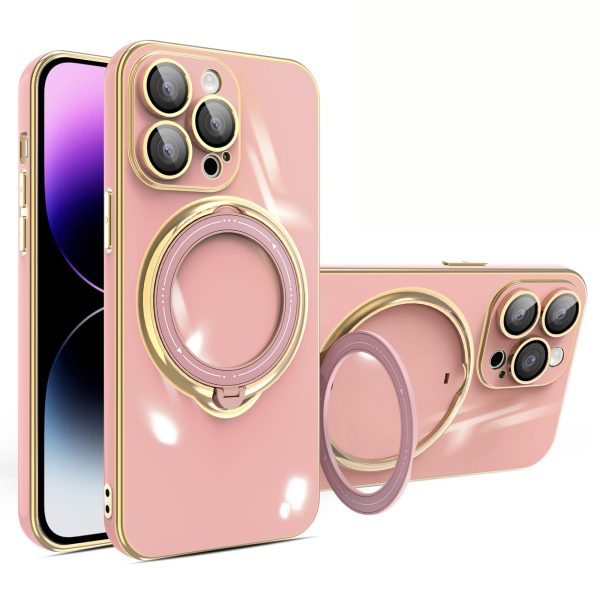 For iPhone 15 Pro Max Electroplating Soft TPU Case Rotary Kickstand Phone Cover with Lens Protector For Cheap